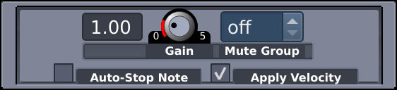 In the upper half there is a display showing "1.00" (left) next to a rotary titled "GAIN" (middle) and a display with corresponding decrease and increase buttons (right) titled "MUTE GROUP". In the lower part there are two checkboxes: "AUTO-STOP-NOTE" (left) and "APPLY-VELOCITY" (right).