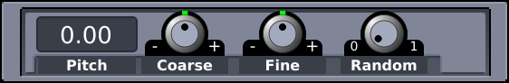 From left to right: a display showing the total pitch and three rotaries titled "PITCH", "FINE", and "RANDOM".