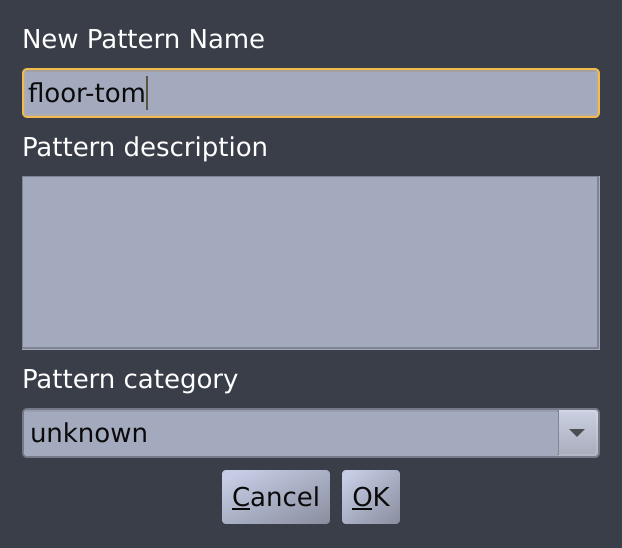 Dialog appearing when changing the properties of a pattern. At the top text input one specifies the "New Pattern Name". In the larger one below the "Pattern description". Underneath one can select the "Pattern category". At the bottom there are "Cancel" (left) and "OK" (right) buttons.